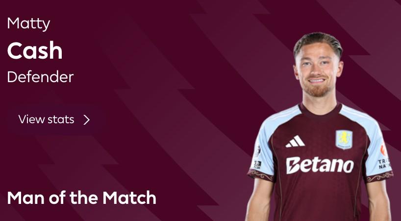 稱號：打進(jìn)唯一進(jìn)球幫助維拉擊敗曼城 卡什當(dāng)選本場最佳球員