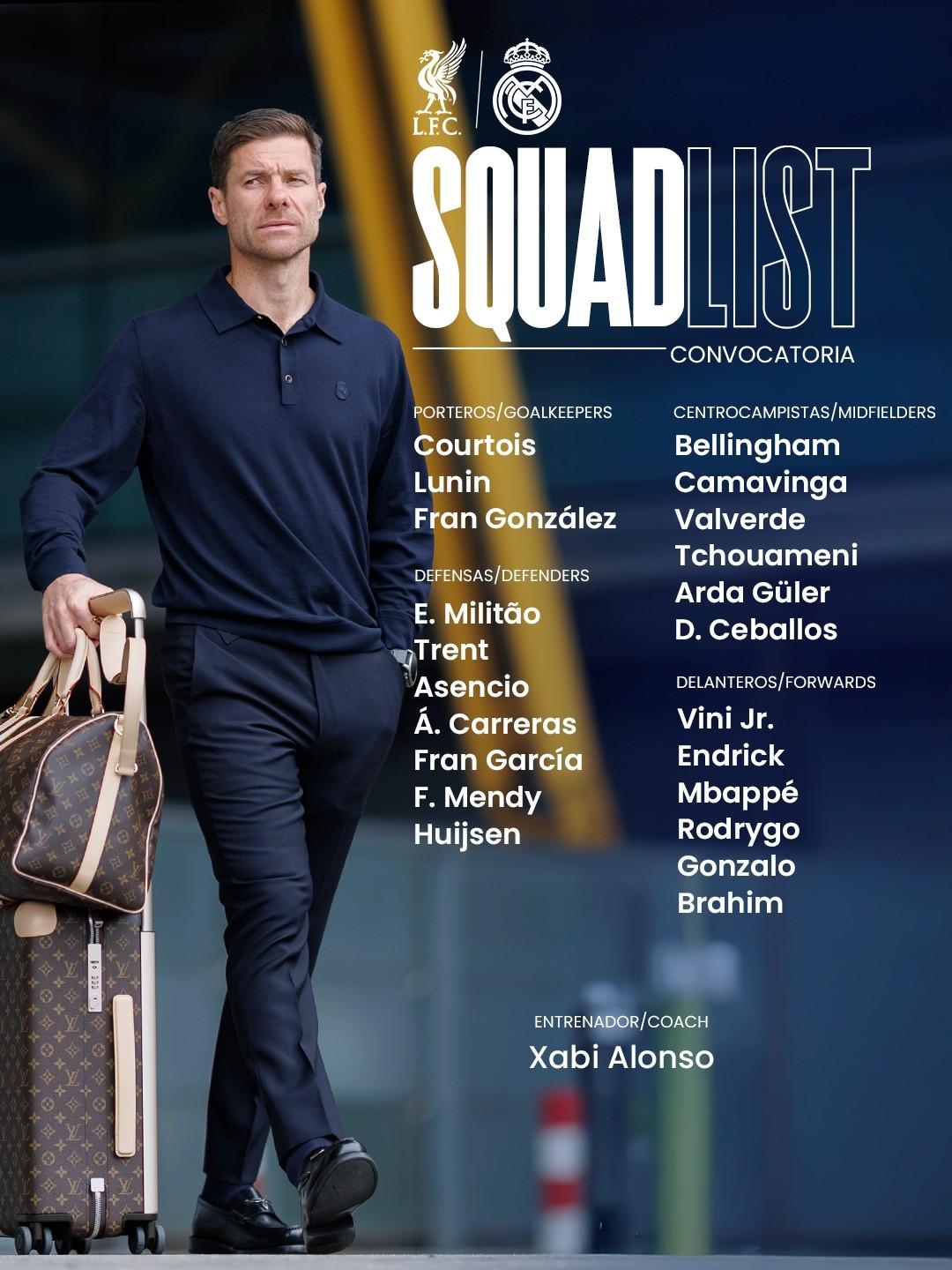 皇馬歐冠客場(chǎng)對(duì)陣?yán)锲株嚾荩簛啔v山大-阿諾德迎戰(zhàn)老東家 貝林、姆巴佩榜上有名