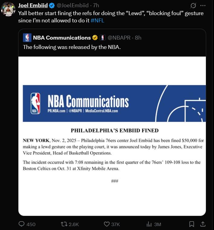 恩比德：如果不讓我做出“猥褻”“犯規(guī)”手勢 那么裁判也應該受到懲罰