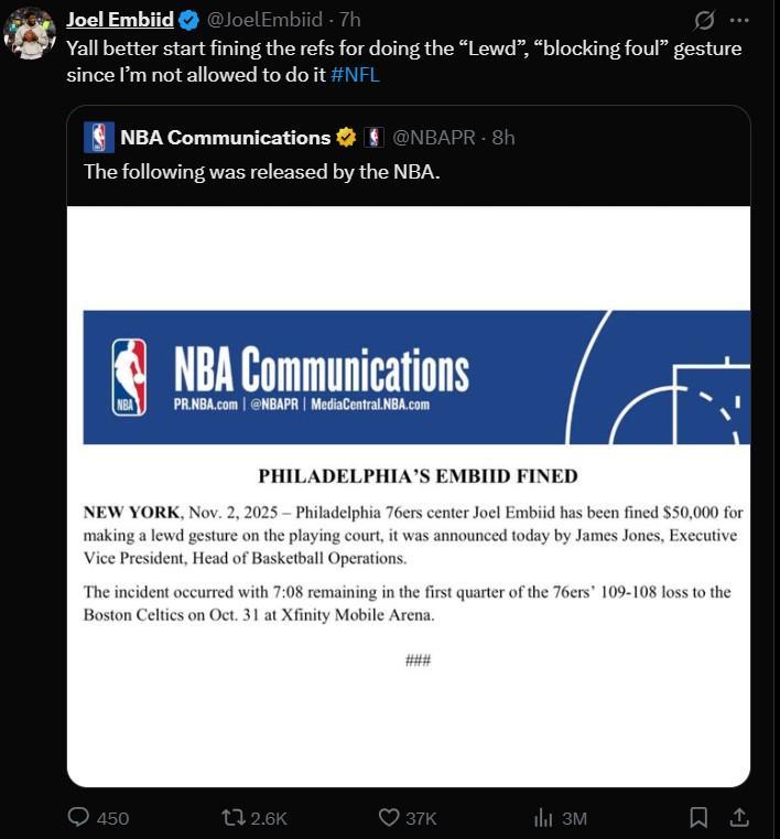 恩比德：如果不讓我做出“猥褻”“犯規(guī)”手勢 那么裁判也應該受到懲罰